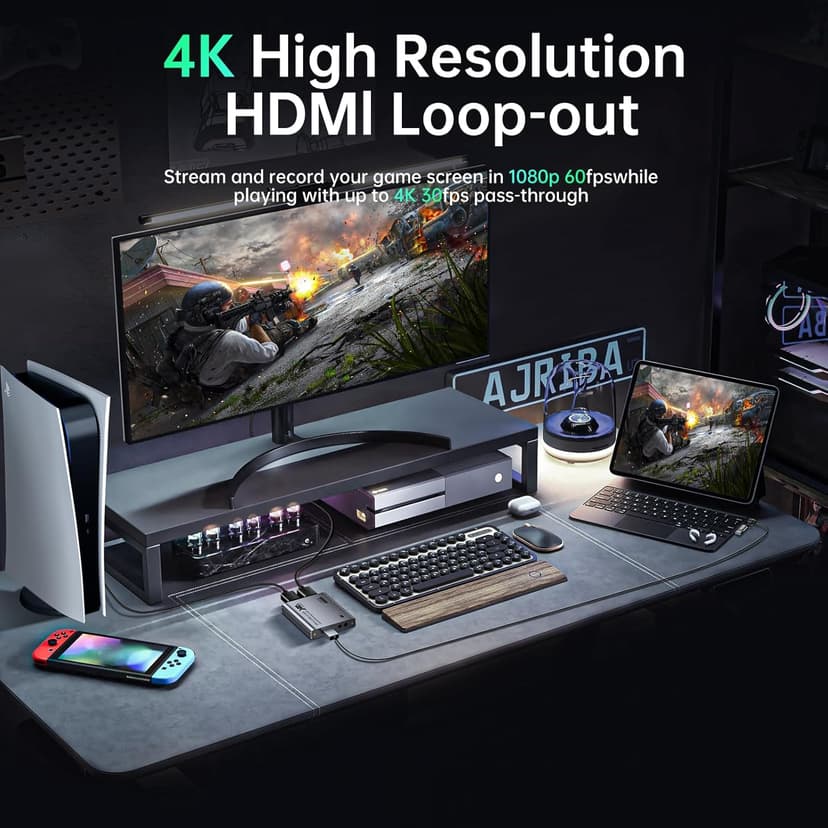 Video Capture Card, Audio Video Capture Card, USB 3.0 Capture Card 4K HDMI Loop-Out, 1080P 60FPS/2K 30FPS Videogame Capture for Streaming, Works forPS5/Switch/Camera/PC