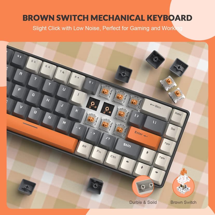 ZIYOU LANG RK-T8 Wired 65% Mechanical Gaming Keyboard with RGB LED Backlit Anti-ghosting TKL Mini 68 Key Custom Coiled C to A Cable Tactile Brown Switch for PS4 PS5 Xbox PC Mac Gamer(White/Dark Gray)