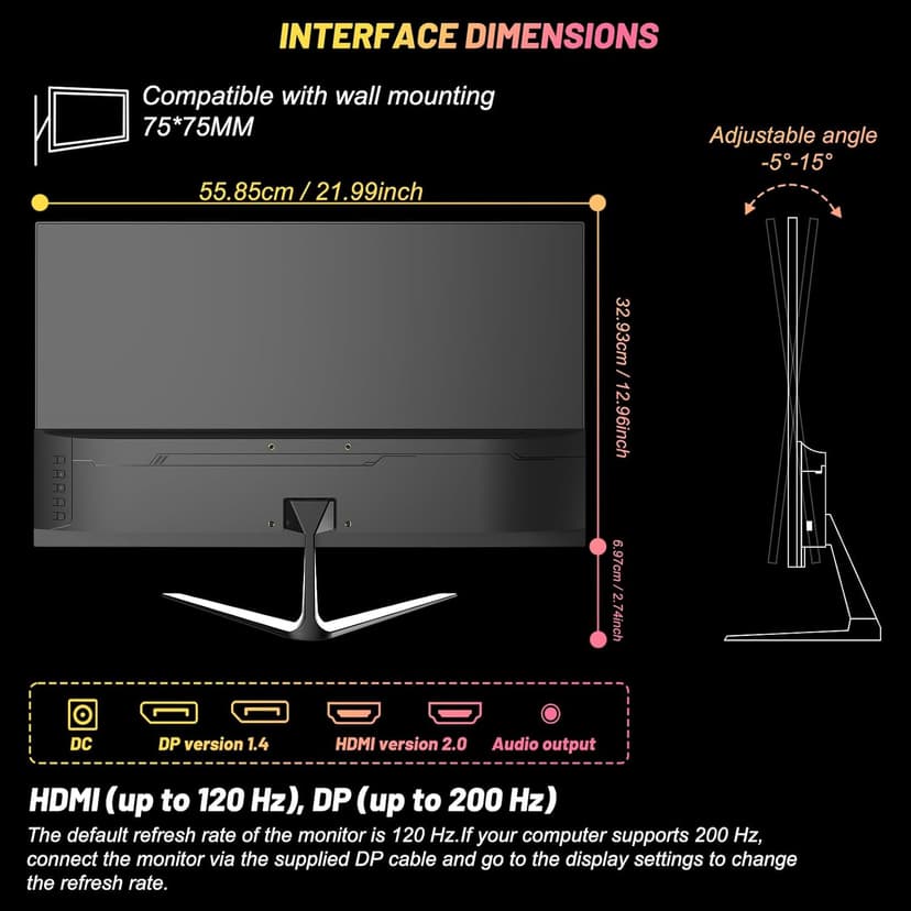 LXZ Gaming Monitor 24.5 inch, 200hz Monitor FHD 1080P Frameless IPS Display with Eye Care, DP/HDMI, Wall Mount Compatible - Black