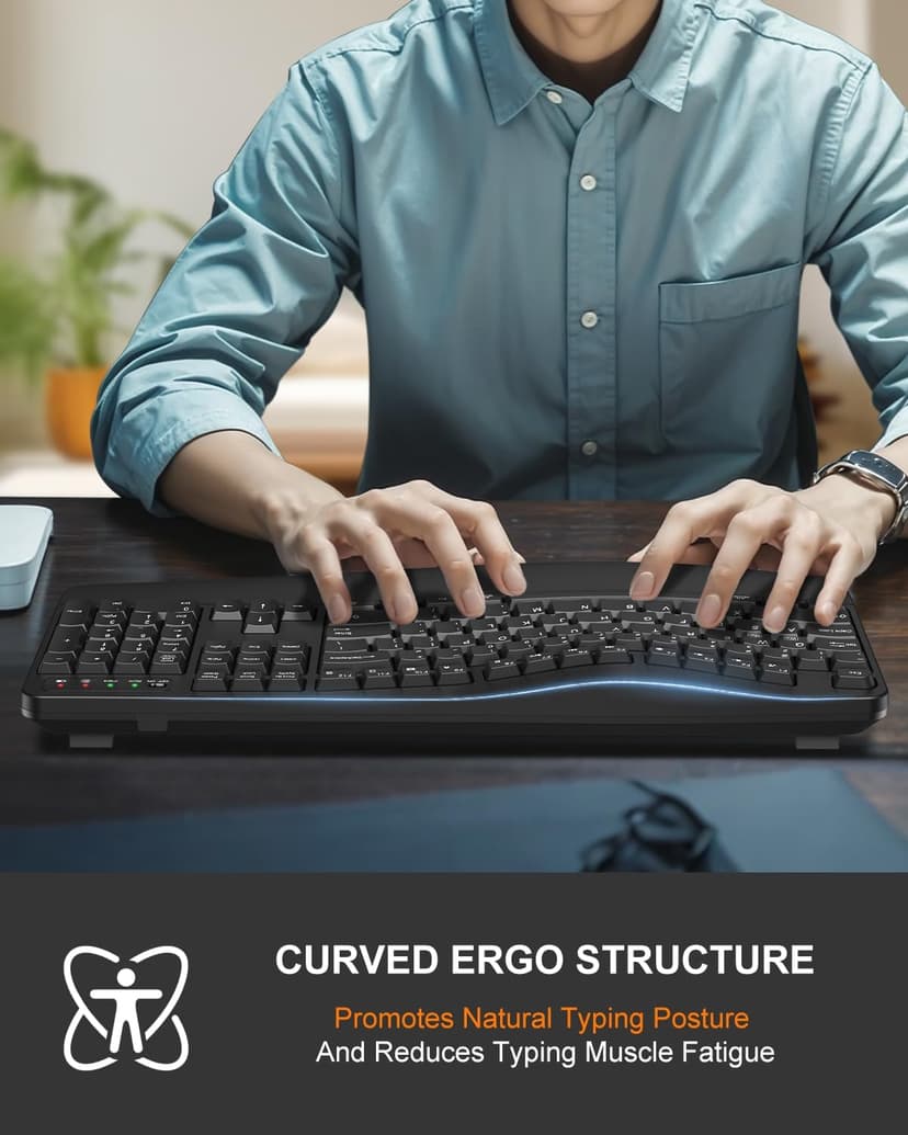 EDJO Ergonomic Wireless Keyboard with Wrist Rest, Wave Keys, for Large Hands, 2.4GHz Full Size Ergo Cordless USB Computer Keyboard, Comfortable Natural Typing, for Laptop, Mac, Windows (Black)