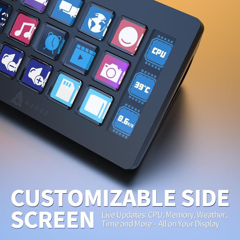A.JAZZ AKP153 Streaming Studio Controller Keypad Type-c Wired with 15 Macro LCD Key&1 Side Screen Display Detachable Stand for Multi Action Triggered in Win MAC Twitter TikTok YouTube OBS App(Black)