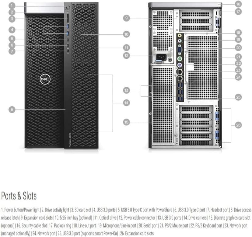 PCSP Precision 7920 Tower Workstation, VR CG AI 4K Editing Rendering, 2X Intel Xeon Gold 6148 up to 3.7GHz (40-Cores), 192GB DDR4, 1TB SSD + 4TB HDD, Quadro P4000 8GB, Windows 11 Pro (Renewed)