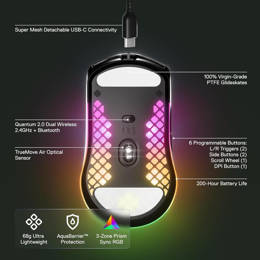 SteelSeries Aerox 3 Wireless - Super Light Gaming Mouse - 18,000 CPI TrueMove Air Optical Sensor - Ultra-Lightweight 68g Water Resistant Design - 200 Hour Battery Life – Onyx (Renewed)