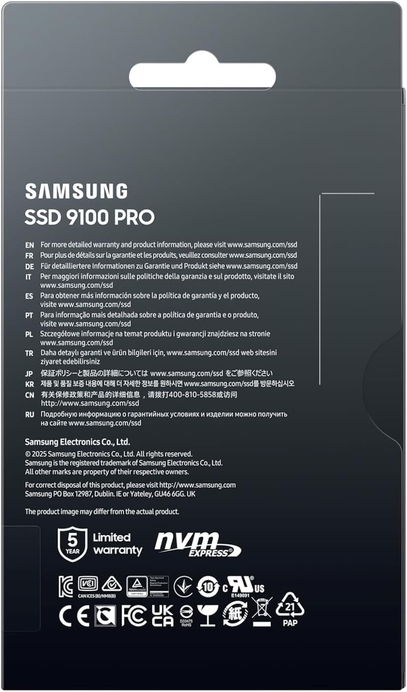 Samsung SSD 9100 PRO 2TB, PCIe 5.0x4 M.2 2280, Seq. Read Speeds Up to 14,800MB/s, Best for AI Computing, Gaming, and Heavy Duty Workstations (MZ VAP2T0B/AM)