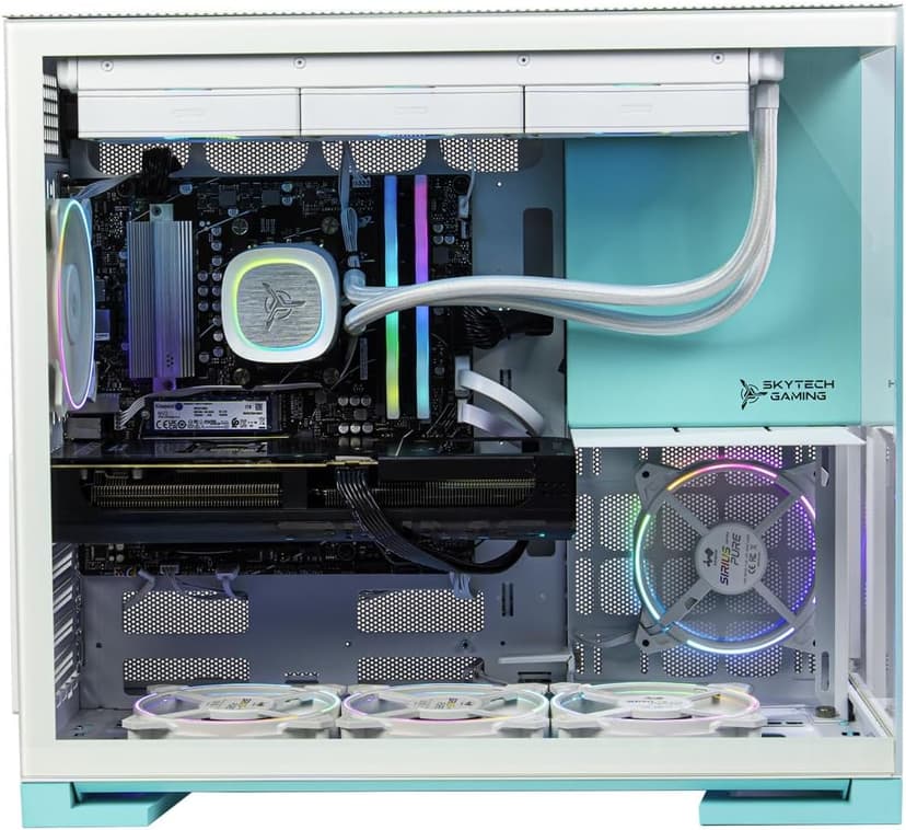 Skytech Gaming Aqua Desktop PC, Ryzen 7 7700X 4.5 GHz (5.4GHz Turbo), NVIDIA RTX 5060, 1TB Gen4 NVMe SSD, 32GB DDR5 RAM 5600 RGB, 850W Gold ATX 3 PSU, 360mm ARGB AIO, Wi-Fi, Win 11