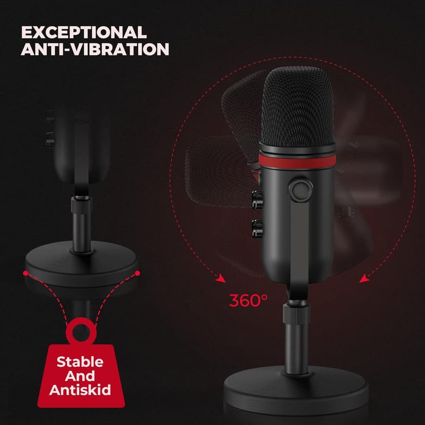 USB Microphone, Computer Condenser Gaming Mic for PC/Laptop/PS4/5, Headphone Output, Volume Control, USB Type C Plug and Play, LED Mute Button, for Streaming, Podcast, Studio Recording
