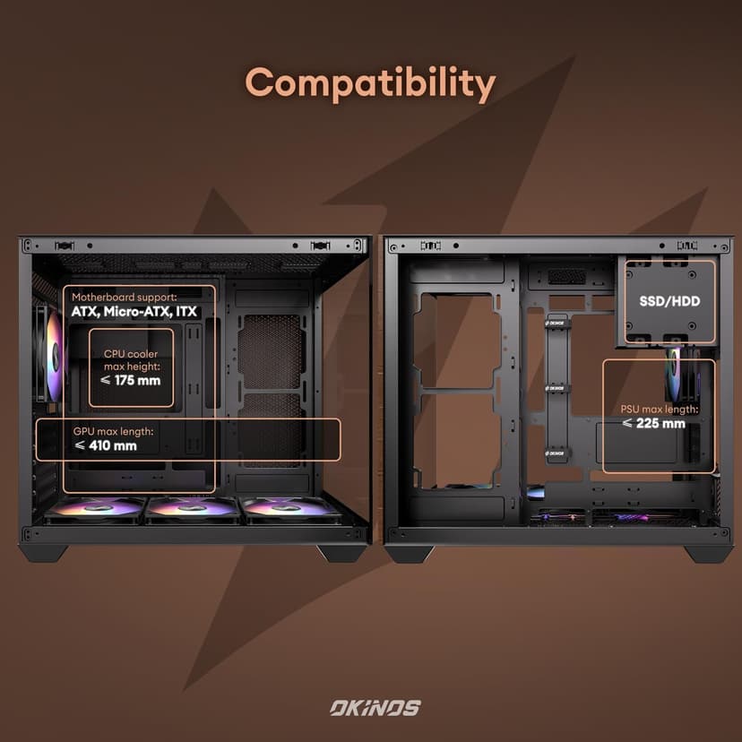 Genuine Walnut Wood PC Case, Pre-Installed 4 x 120mm ARGB & PWM Fans, Type-C Port, Panoramic View Tempered Glass Side Panel, Black, ATX Case, Mid-Tower, Mirage 6