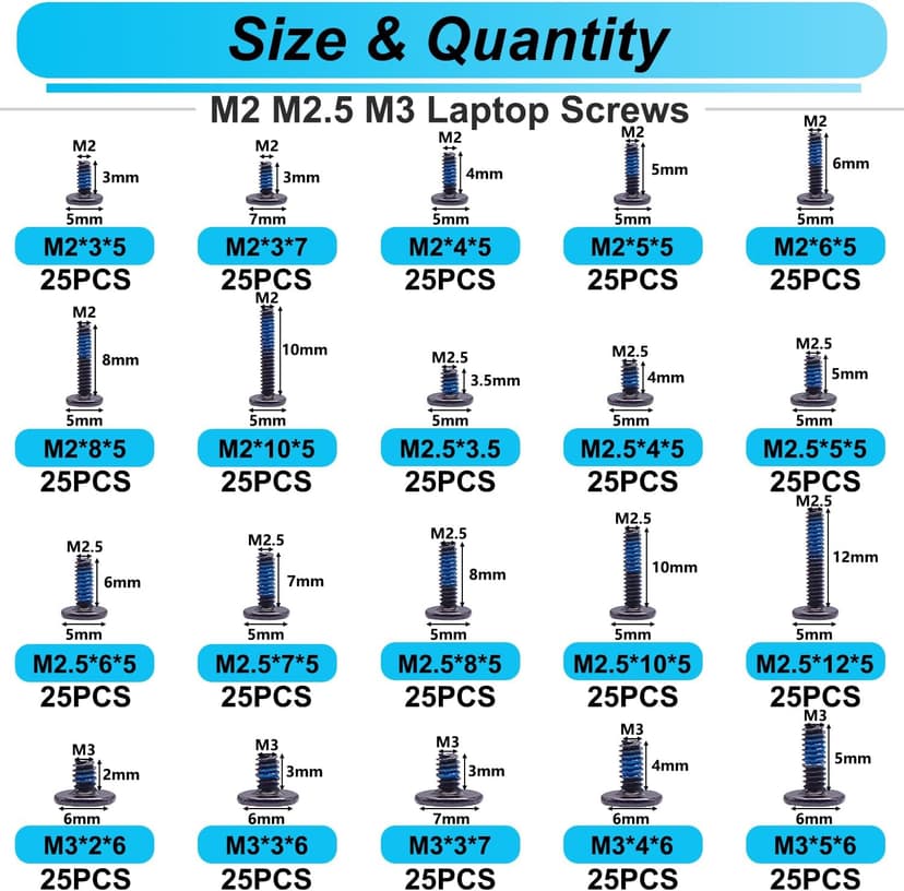 500PCS Laptop Screws Notebook Computer Screws Kit 20 Sizes Blue Nylok Screws M2 M2.5 M3 Laptop Replacement Computer Screws for Motherboard SSD PC Fan Hard Drive
