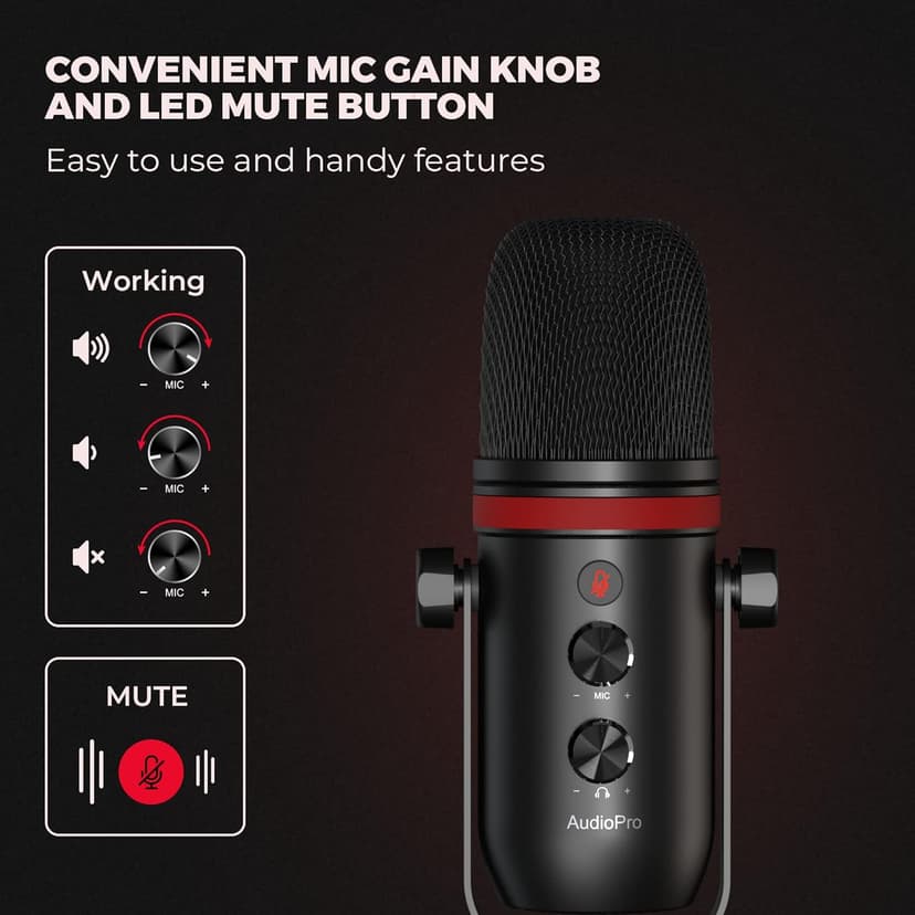 USB Microphone, Computer Condenser Gaming Mic for PC/Laptop/PS4/5, Headphone Output, Volume Control, USB Type C Plug and Play, LED Mute Button, for Streaming, Podcast, Studio Recording