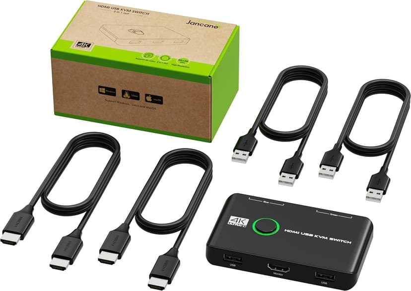 4K KVM Switch HDMI 2 Port Box, USB HDMI KVM Switches for 2 Computers Share Keyboard Mouse Printer and one HD Monitor, Support UHD 4K@60Hz, with 2 USB Cables and 2 HDMI Cables
