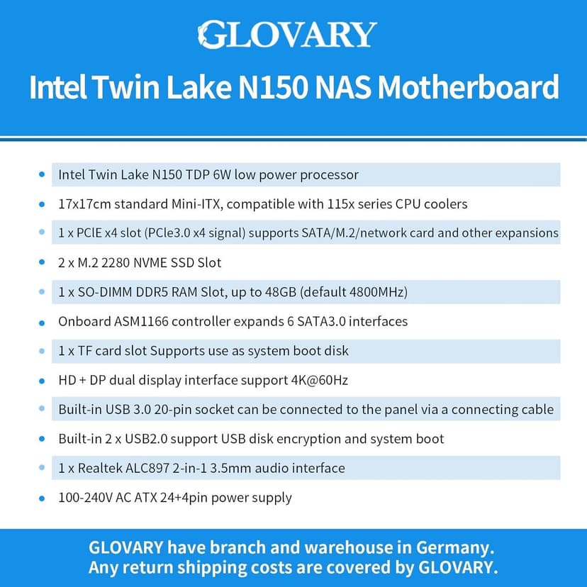 NAS Mainboard N150 Mini ITX, 2 x i226V 2.5GbE LAN NAS Motherboard, Barebone, 1 xDDR5, 2 xM.2 NVMe SSD Slot, 6 xSATA3.0, 1 xPCIe3.0 x4 Slot, TF Card Slot, SPK/MIC