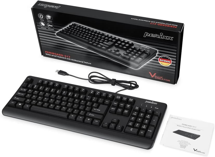 Perixx PERIBOARD-517 Wired Washable USB Keyboard, Certified with IP 65 Level, Black, US English Layout