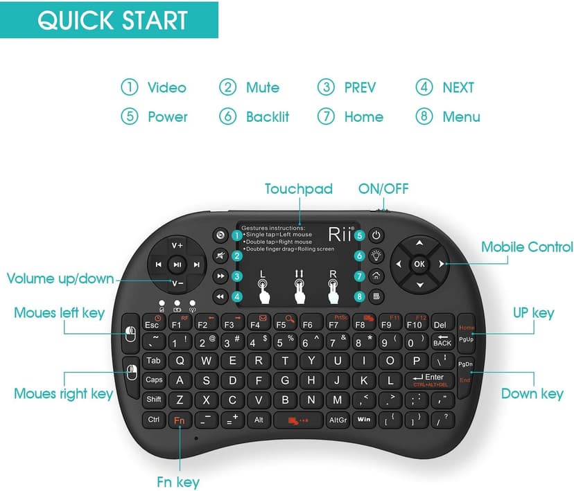 Rii 2.4GHz Mini Wireless Keyboard with Touchpad＆QWERTY Keyboard, Backlit Portable with Remote Control for Laptop/PC/Tablets/Windows/Mac/TV/Xbox/PS3/Raspberry Pi .(Black)