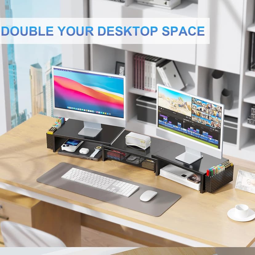 gianotter Dual Monitor Stand Riser, Desk Organizer With Drawer and 2 Pen Holders, Computer Monitor Stand, Desk Shelf for Top of Desk, Balck