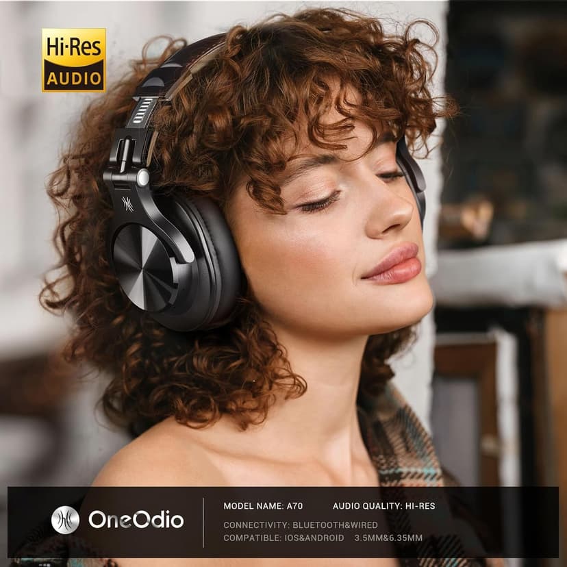 OneOdio A70 Bluetooth Over Ear Headphones, Wireless Headphones with 72H Playtime, Hi-Res, Built-in Mic, 3.5mm/6.35mm Wired Audio Jack for Studio Monitor & Mixing DJ Guitar AMP, Computer Laptop PC