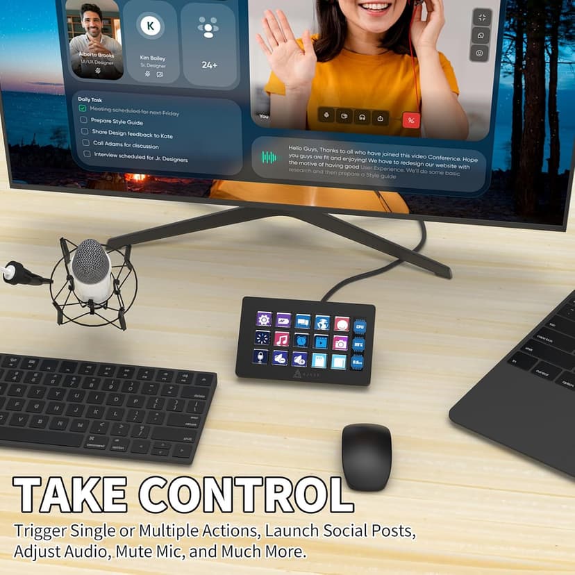 A.JAZZ AKP153 Streaming Studio Controller Keypad Type-c Wired with 15 Macro LCD Key&1 Side Screen Display Detachable Stand for Multi Action Triggered in Win MAC Twitter TikTok YouTube OBS App(Black)