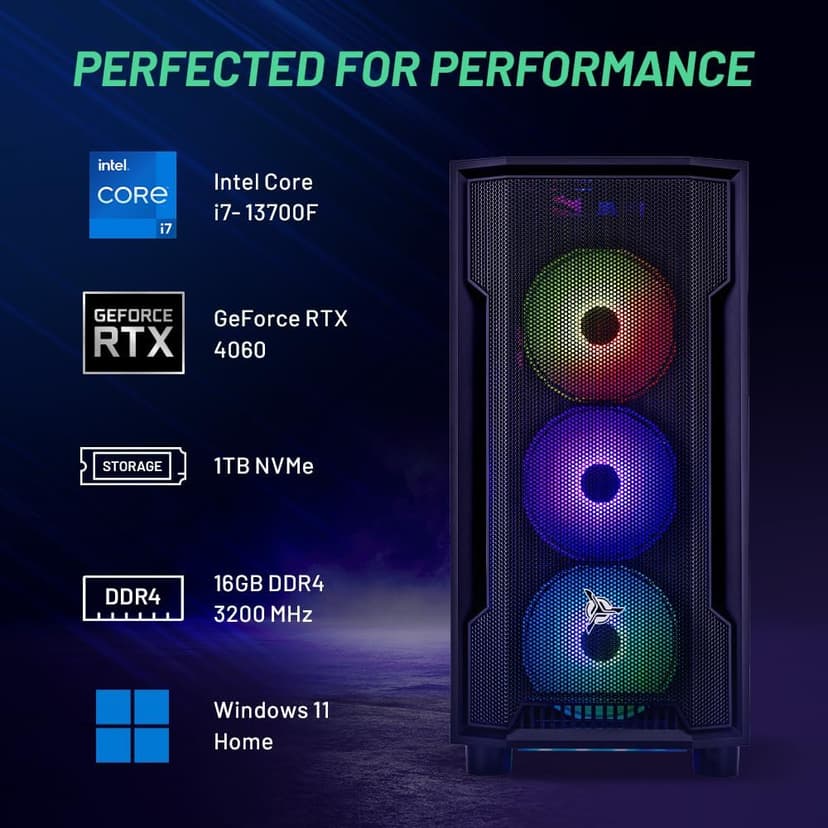 Skytech Gaming Shadow Gaming PC Desktop – Intel Core i7 13700F 2.1 GHz, NVIDIA RTX 4060, 1TB NVME SSD, 16GB DDR4 RAM 3200, 600W Gold PSU, 360mm AIO, 11AC Wi-Fi, Windows 11 Home 64-bit,Black