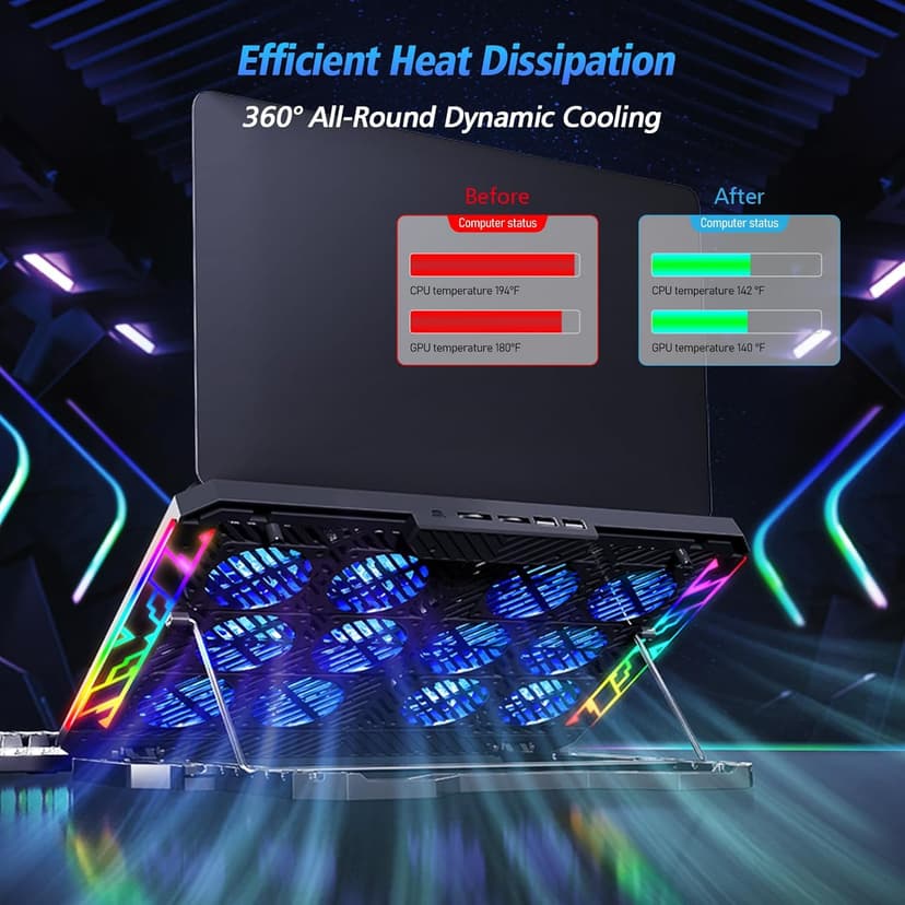 Laptop Cooling Pad with 12 Quiet Fans, Slim Portable for 12-17.3 Inch Laptop Cooler Stand with 5 Height Adjustable, Ergonomic Gaming Cooling Fan Pad with Two USB Ports & Phone Holder (Gear)