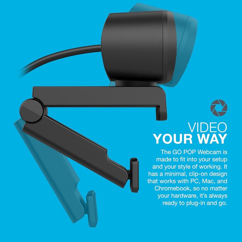JLab Go Pop Cam USB HD Webcam, Black, 1080P/30 FPS, 2.1 Megapixels, Built-in Privacy Shutter, Minimalist Portable Set-up, Clip-on Design Compatible with PC, Mac and Chromebook