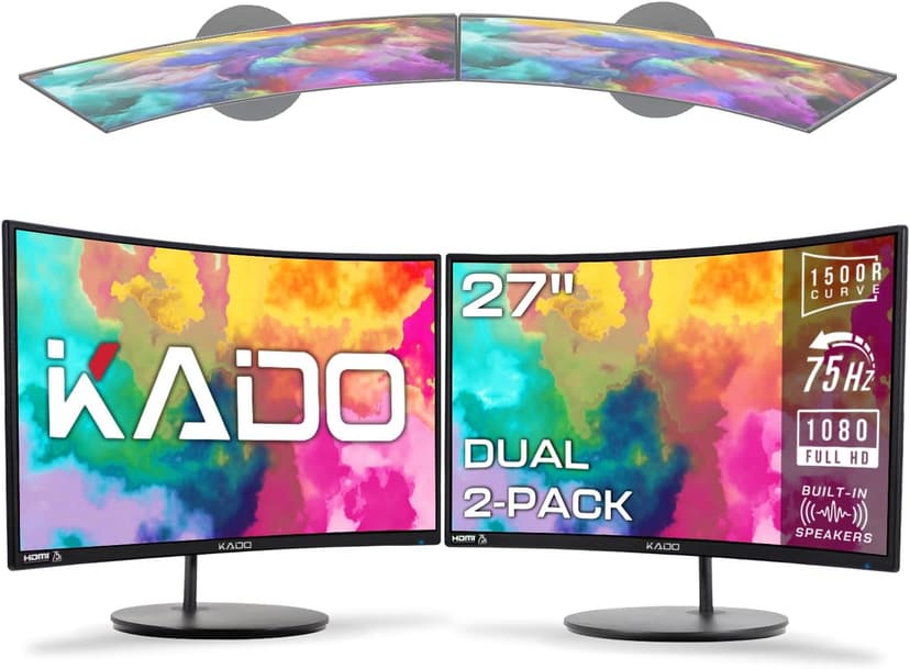 Kado Dual Monitor Setup - 2-Pack 27" Curved 1500R 1920x1080 Computer Monitor 75Hz VESA Mount HDMI Office Gaming Built-in Speakers (C27 Dual Series)