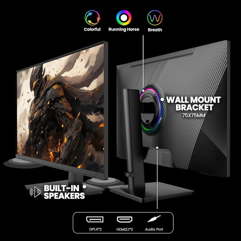 CRUA 27Inch Gaming Monitor 360HZ, QHD 1440P 120% sRGB IPS Computer Monitor with Built in Speaker, Height/Pivot/Swivel/Tilt Adjustable Vertical Monitor, Support FreeSync, DP&HDMI, Wall Mount-Black