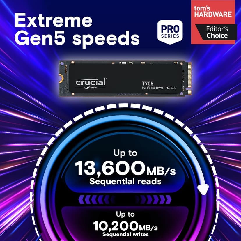 Crucial T705 1TB PCIe Gen5 NVMe M.2 SSD - Up to 13,600 MB/s - Game Ready - Internal Solid State Drive (PC) - +1mo Adobe CC - CT1000T705SSD3