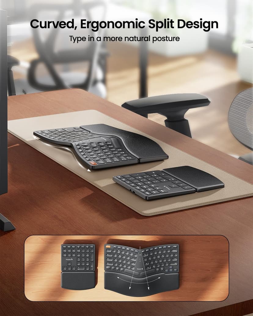 ProtoArc Wireless Ergonomic Keyboard, EK04 2.4GHz Wireless Ergo Keyboard with Separate Numeric Keypad, Split Design, Wrist Rest, Rechargeable, for Windows, Desktop, PC, Laptop