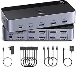 UGREEN HDMI KVM Switch 2 Monitors 2 Computers 4K@60Hz, with 4 USB 3.0 Ports for 2 Computers Sharing 2 Monitors Keyboard Mouse Printer with 4 HDMI Cables, 2 USB Cables, Power Adapter and Controller