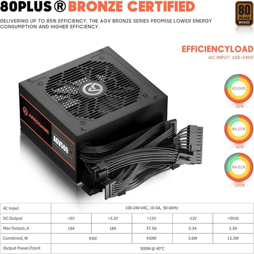 AGV Series 500W Power Supply, 80 Plus Bronze Certified, Non Modular Power Supply, 5 Year Warranty