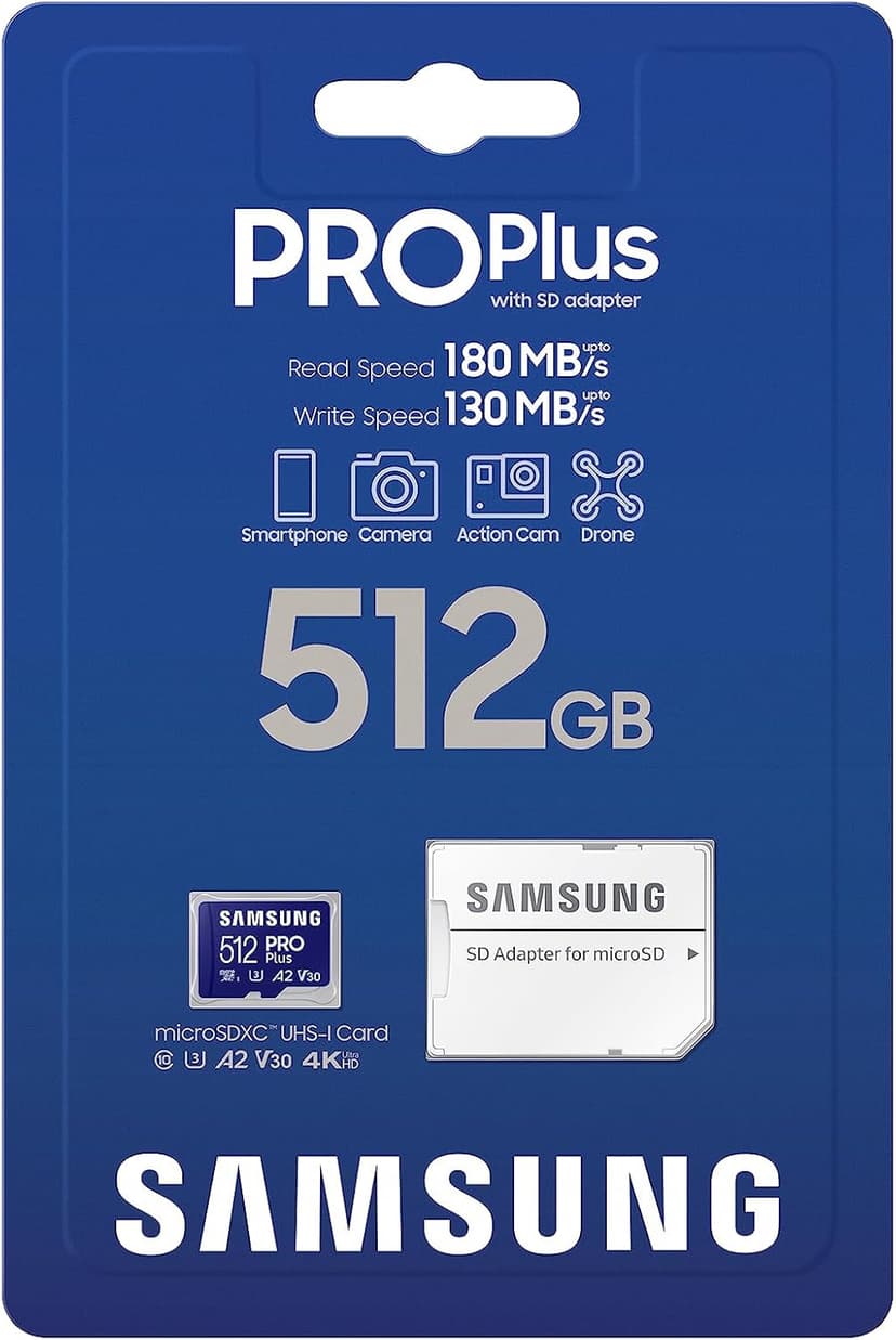 Samsung PRO Plus microSD Memory Card + Adapter, 512GB microSDXC, Up to 180 MB/s, Full HD & 4K UHD, UHS I, C10, U3, V30, A2, for Android Smartphones, Tablets, GoPRO, and DJI Drone (MB MD512SA/AM)