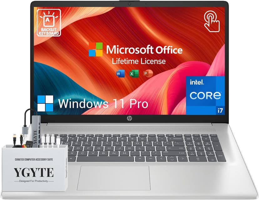 HP 17 Touchscreen Laptop Computer, 17.3" HD+ Touch Screen Business Laptop, Intel Core i7, 32GB RAM, 1TB SSD+512GB Docking Set, Windows 11 Pro Lifetime Office, 10-Key Backlit Keyboard