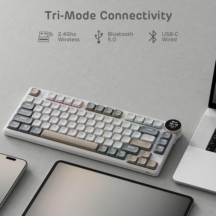 RK ROYAL KLUDGE N80 Low Profile Mechanical Keyboard w/Smart Display Screen & Knob, 75% Top Mount 3-Modes Wireless Mechanical Keyboard, Software Support, Massive Battery, 80 Keys, Tactile Brown Switch