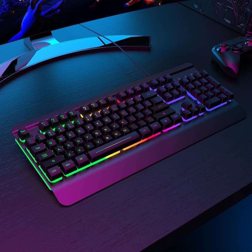 RisoPhy Gaming Keyboard, 104 Keys All-Metal Panel, Rainbow LED Backlit Silent Computer Keyboard, Wrist Rest, Multimedia Keys, Anti-Ghosting, Waterproof Light Up Wired Keyboard for PC Mac Gamer