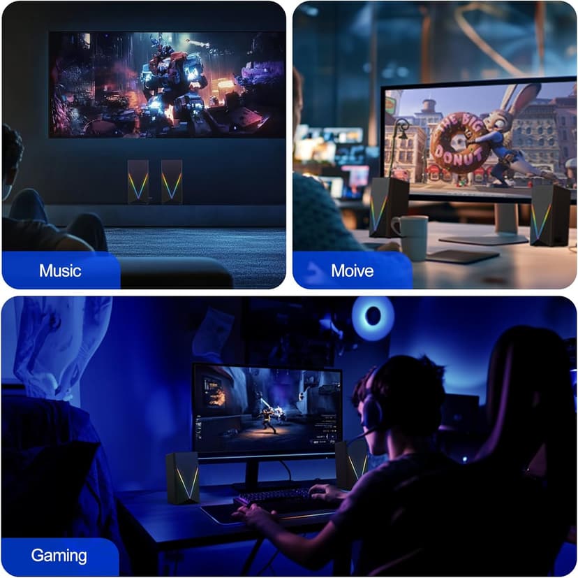 RGB Desktop Speakers with Enhanced Bass, Volume Control & 6 Colorful Lights - USB Powered & 3.5mm Aux Gaming Speakers for Laptop, PC, Tablet, Phone
