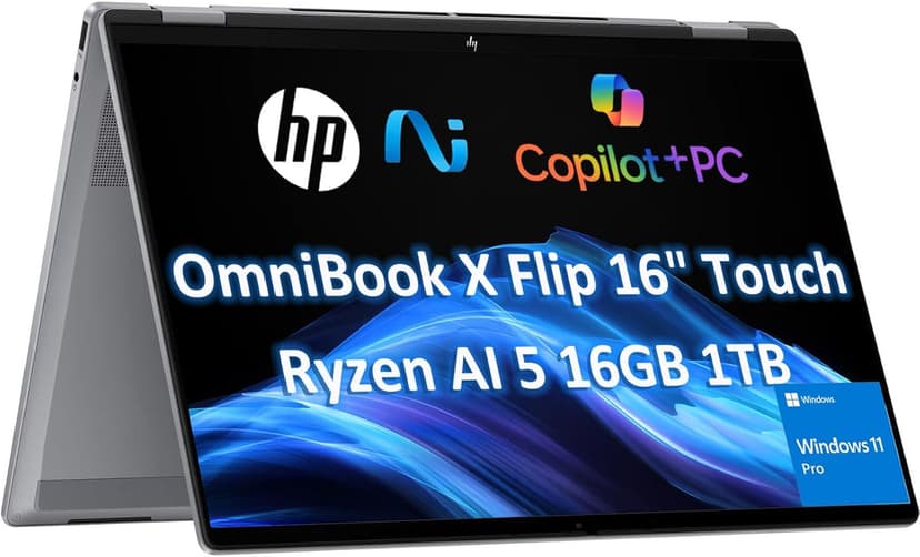 2025 HP OmniBook X Flip x360 2 in 1 Touchscreen Laptop (16" FHD+, AMD Ryzen AI 5 340 (> Intel i7-1355U), 16GB 7500 MT/s, 1TB SSD) AI Copilot+ PC for Creator, Designer, IR Webcam, Backlit, Win 11 Pro
