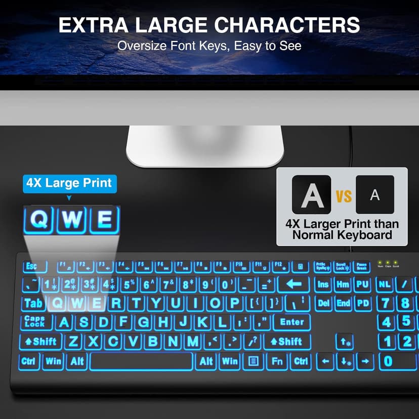 SABLUTE Large Print Backlit Keyboard, Wired USB Lighted Computer Keyboards with 7-Color & 4 Modes Backlit, Oversize Letters Keys Easy to See and Type, Quiet Keyboard Compatible for PC, Laptop