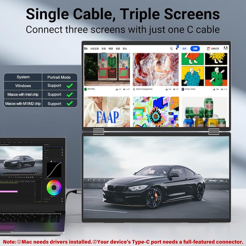 InnoView Laptop Screen Extender 15.6" Dual Portable Monitors 1080P FHD Stacked Folding Triple Monitor HDMI USB-C Portable Dual Monitor for Laptop Windows Mac (No Driver Needed)