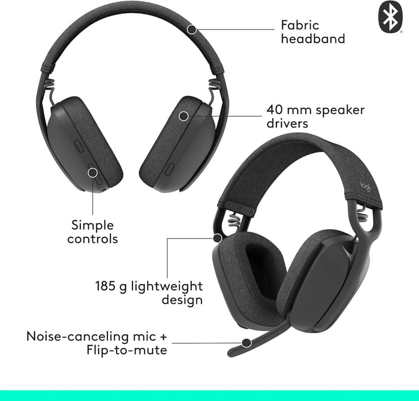 Logitech Zone Vibe 100 Lightweight Wireless Over Ear Headphones with Noise Canceling Microphone, Advanced Multipoint Bluetooth Headset, Works with Teams, Google Meet, Zoom, Mac/PC - Graphite