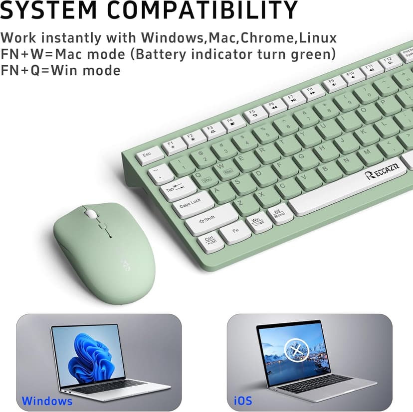 Wireless Keyboard and Mouse Combo, Full-Sized Wireless Keyboard and Adjustable DPI Mouse, 2.4GHz USB Receiver, Wireless Keyboard and Mouse for PC, Windows, MAC, Desktop, Laptop (Avocado Green)