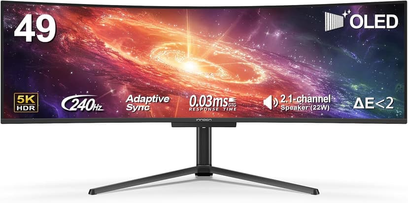INNOCN 49" 49Q1S OLED Curved Gaming Monitor 5120 x 1440p 240Hz, 0.03ms, USB Type C 90W, HDMI 2.1, DisplayPort, USB Hub, Surrounding Speakers, Adaptive-Sync, Height Adjustable Stand, Black