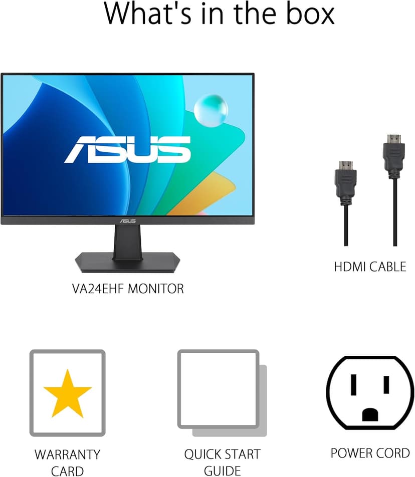 ASUS 24” (23.8-inch viewable) 1080P Eye Care Monitor (VA24EHF) - IPS, Full HD, Frameless, 100Hz, 1ms, Adaptive-Sync, for Working and Gaming, Low Blue Light, HDMI, VESA Mountable, Tilt, BLACK