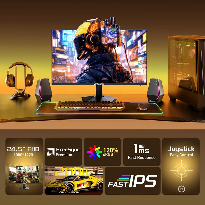 SANSUI 24.5 Inch 200Hz Gaming Monitor, FHD 1080P Fast IPS PC Gaming Monitor, 2 x HDMI2.0, 1 x DP1.4, FreeSync,128% sRGB HDR VESA Mountable (ES-G25X1, One HDMI Cable Included)
