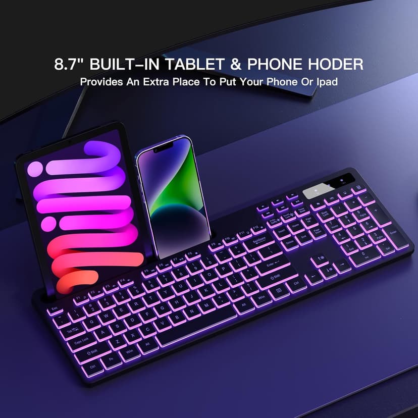 Wireless Keyboard with 7-Color RGB Backlit, Full-Size Computer Keyboard with Phone Tablet Holder, 2.4G Rechargeable Gaming Keyboard with Light Up Keys, Compatible with Mac, Windows (Black)