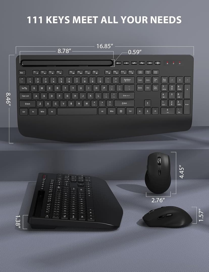 Wireless Keyboard and Mouse Combo - Full-Sized Ergonomic Keyboard with Wrist Rest, Phone Holder, Sleep Mode, Silent 2.4GHz Cordless Keyboard Mouse Combo for Computer, Laptop, PC, Mac, Windows -Trueque