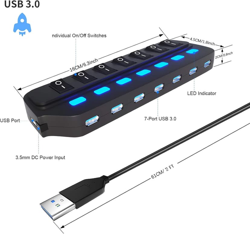 USB Hub 3.0, 7 Port USB Hub Splitter with Individual On/Off LED Switches, 5Gbps HighSpeed Data USB Extension for Laptop, iMac, USB Flash Drives, Mobile HDD, Printer, Camera and More