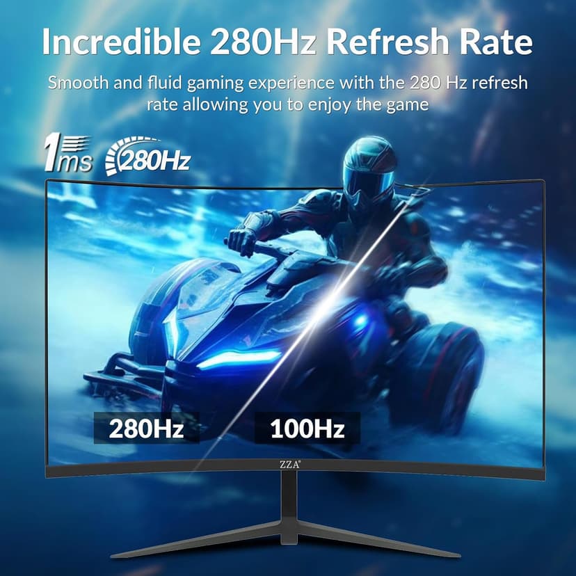 ZZA 27 Inch Gaming Monitor, Computer Monitor Frameless Ultra-Fast 280Hz/240Hz 1ms FHD 1080P,Curved Monitor 1800R|FreeSync|99% sRGB|HDR|Low Blue Light|HDMI DP Ports|VESA Mount|Metal Stand