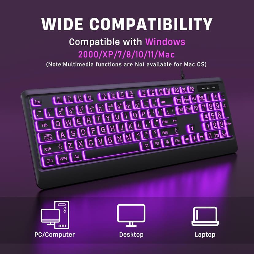 Large Print Keyboard - 7 Interchangeable Backlight Colors, Light Up USB Wired Computer Keyboards, USB Plug-and-Play, Foldable Stands, Corded Full Size Keyboard for Windows, PC, Laptop