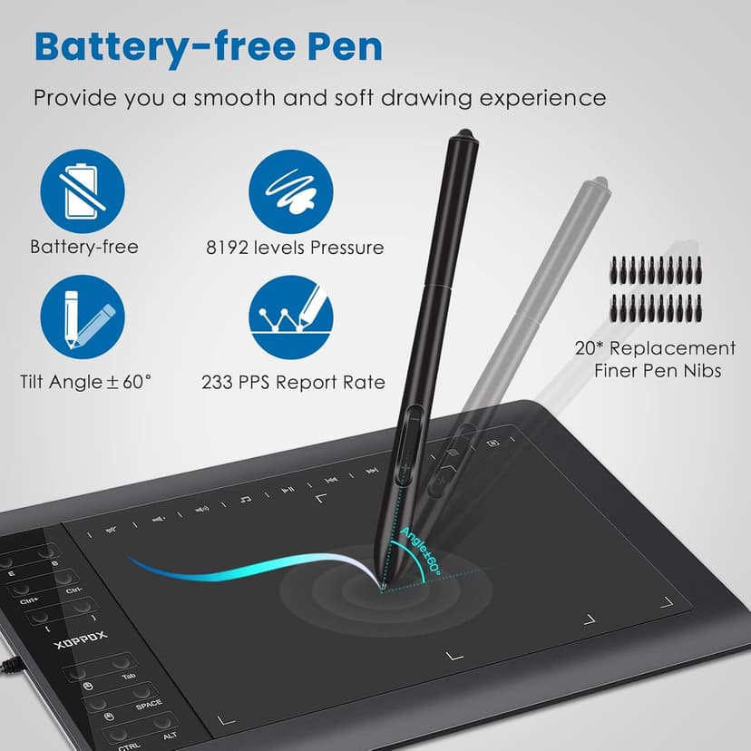 XOPPOX Graphics Drawing Tablet 10 x 6 Inch Large Active Area with 8192 Levels Battery-Free Pen and 12 Hot Keys, Compatible with PC/Mac/Android OS for Painting, Design & Online Teaching Black