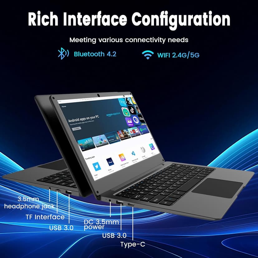 Azeyou 11.6” Laptop HD Display, Student Laptop Computer 4GB DDR4 RAM, 128GB SSD, OS 11 Pro Laptops, WiFi, BT4.2, USB3.0, Type_C 4000mAh Battery (Black)