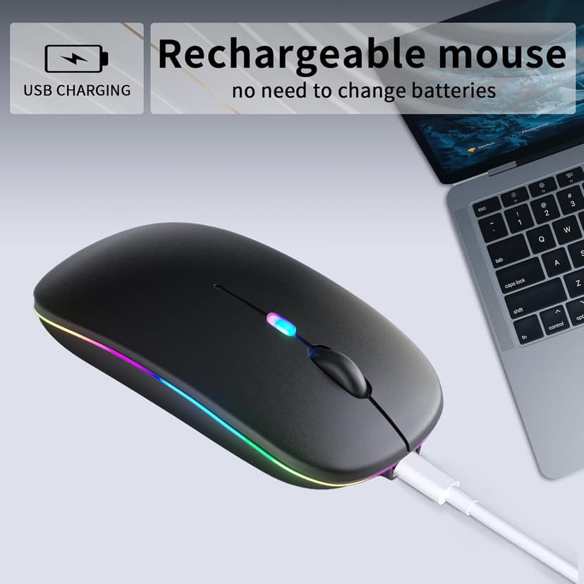 Wireless Bluetooth Mouse – Rechargeable, Silent, Dual Mode (Bluetooth 5.2 & USB) with LED Lights – Portable for Laptop, Desktop, & Tablet(Black)